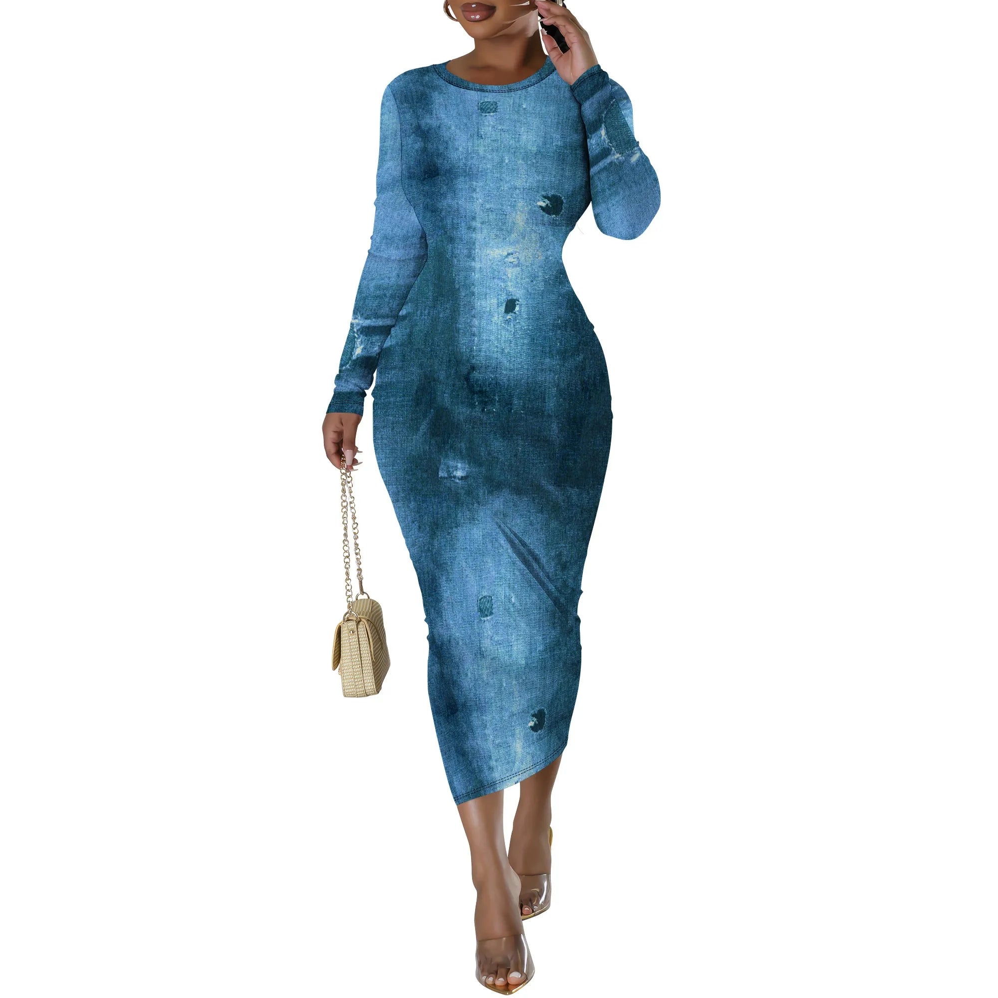 women's fashion temperament casual print slim black dress
