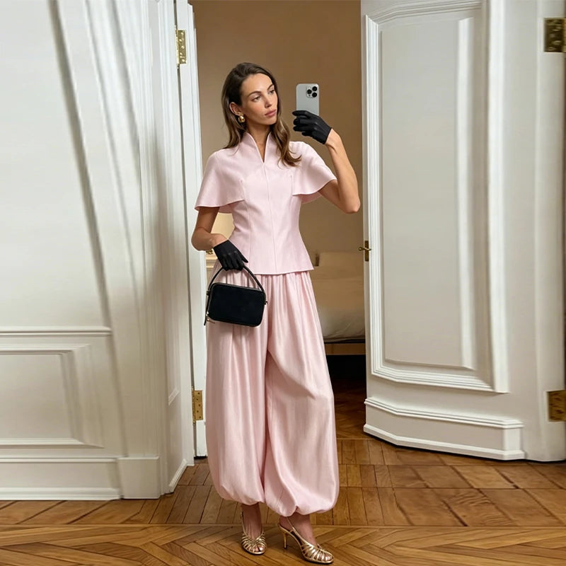 Fashion Women T-shirt Set Chic Stand Collar Short Sleeve V-neck Female Top Wide Leg Pant Jogger Lady Summer Commute 2026