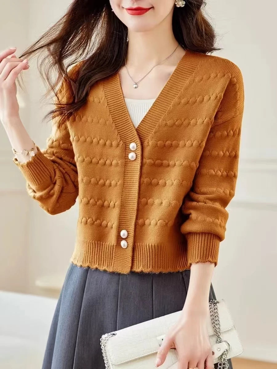 Women's Clothing Elegant Fashion V-neck Knit Cardigan Autumn Winter New Solid Sweet All-match Long Sleeve Top Lady Chic Sweaters