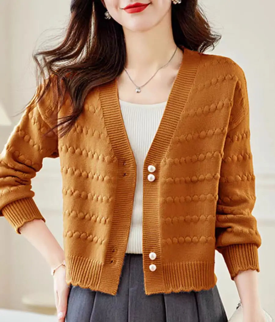 Women's Clothing Elegant Fashion V-neck Knit Cardigan Autumn Winter New Solid Sweet All-match Long Sleeve Top Lady Chic Sweaters