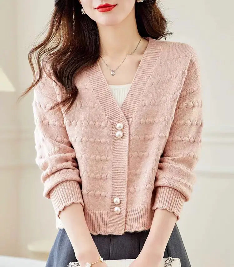 Women's Clothing Elegant Fashion V-neck Knit Cardigan Autumn Winter New Solid Sweet All-match Long Sleeve Top Lady Chic Sweaters
