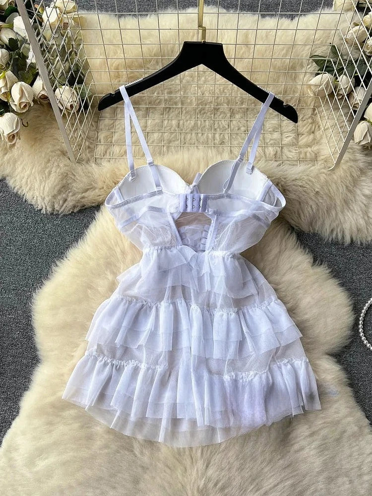 Woman Mesh Fashion Dress Sexy Comfortable Dress Lace Up Backless Breathable Cake Bodycon Dress Party Hotsweet