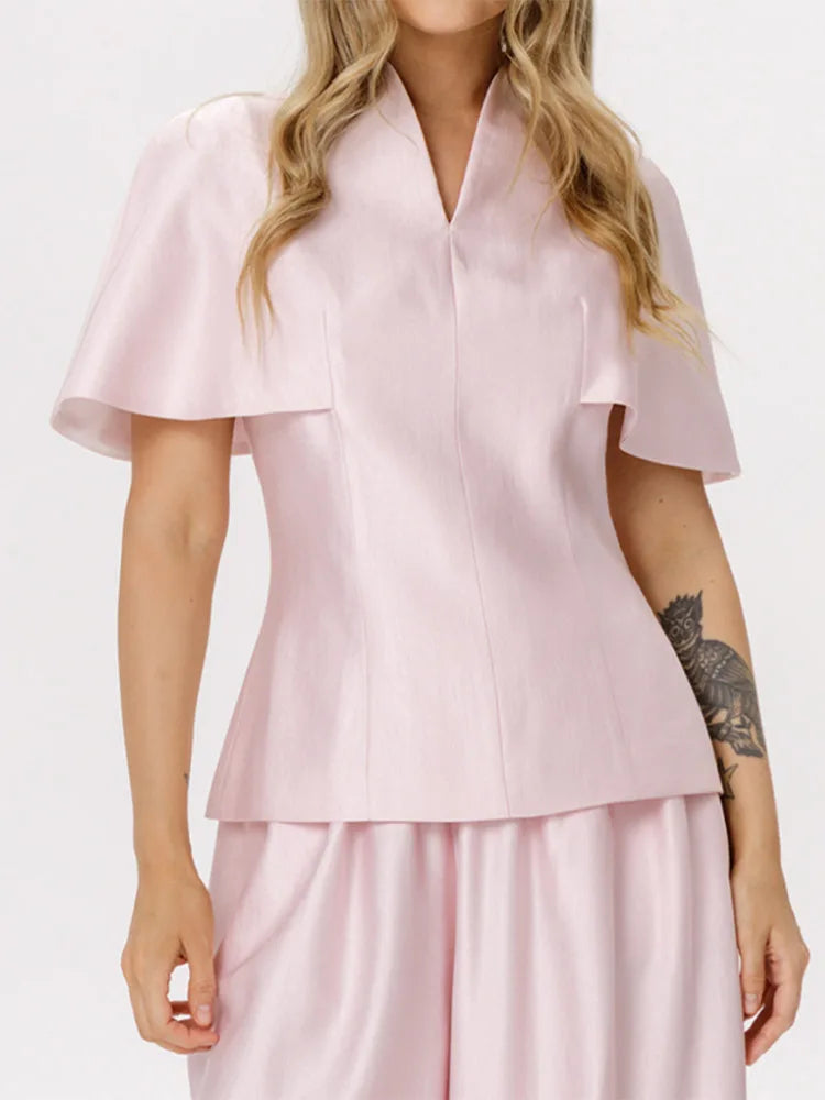 Fashion Women T-shirt Set Chic Stand Collar Short Sleeve V-neck Female Top Wide Leg Pant Jogger Lady Summer Commute 2026