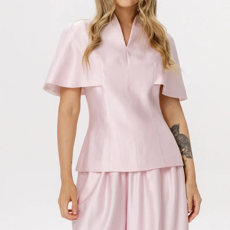 Fashion Women T-shirt Set Chic Stand Collar Short Sleeve V-neck Female Top Wide Leg Pant Jogger Lady Summer Commute 2026