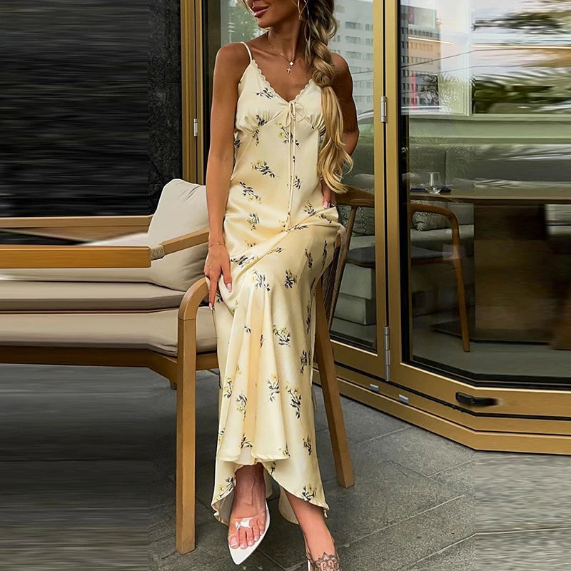 Fashion Personality Women's Dress Elegant Floral Print Waist Slim Suspender Dress 2026 Spring Summer Sexy Sleeveless Long Dress