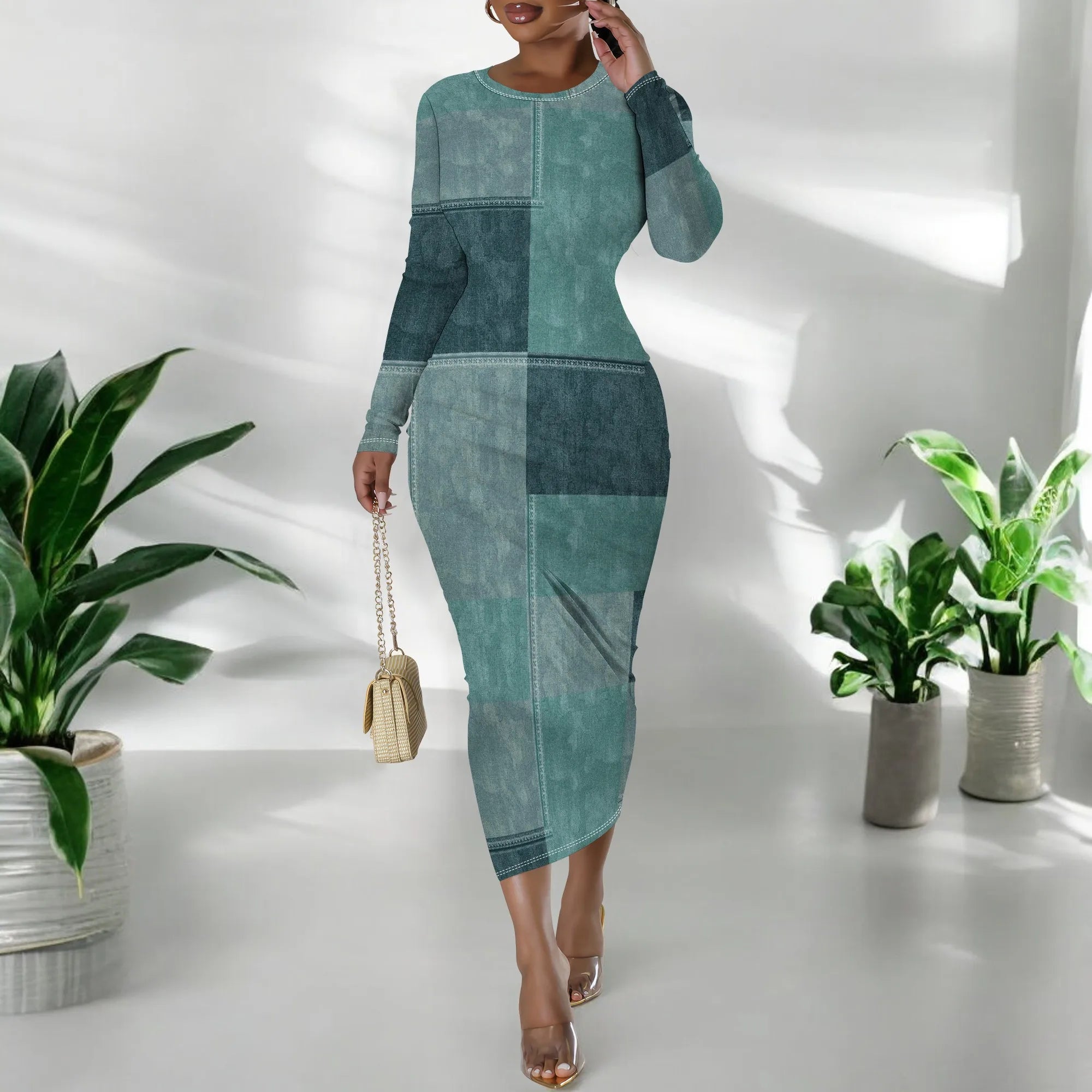 women's fashion temperament casual print slim black dress
