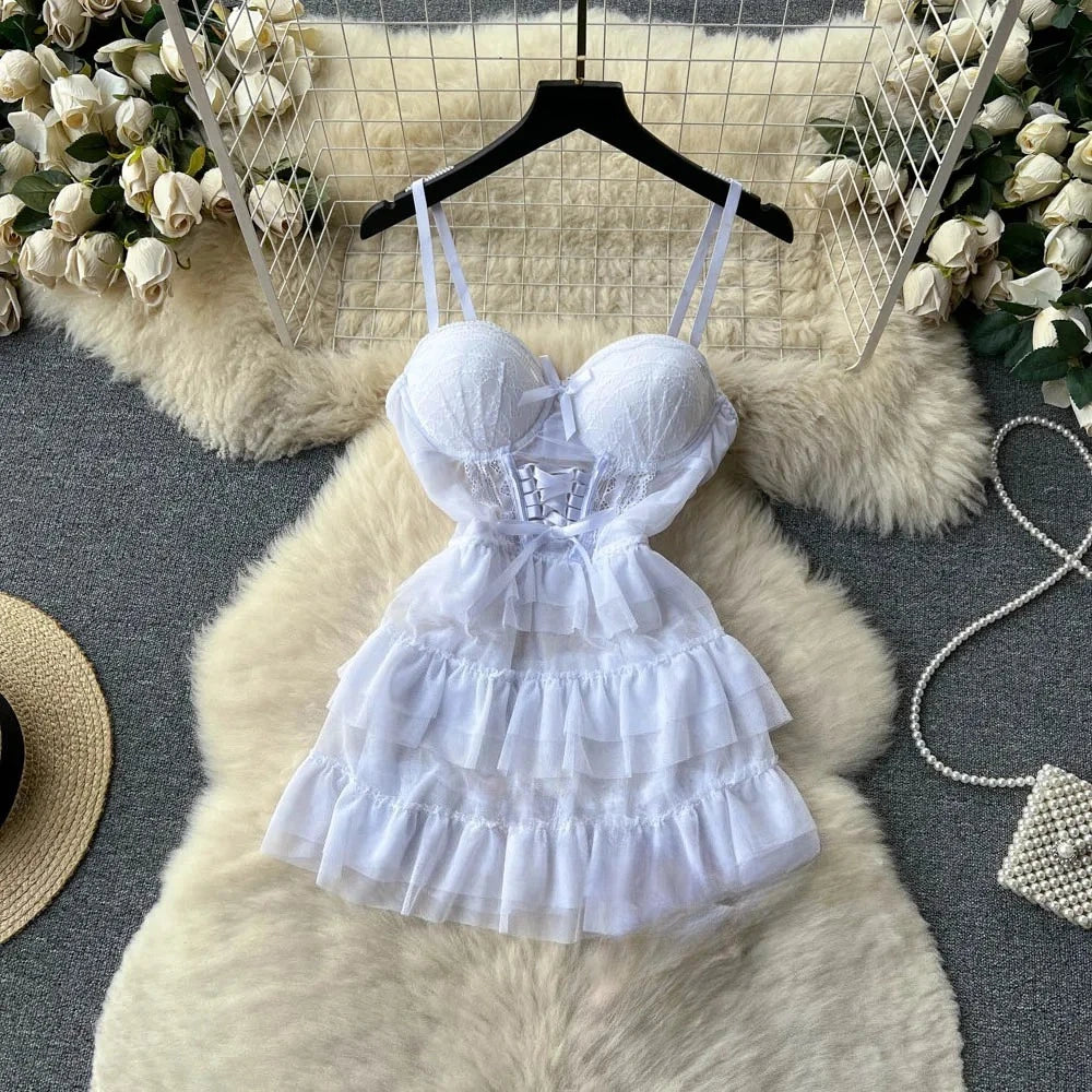 Woman Mesh Fashion Dress Sexy Comfortable Dress Lace Up Backless Breathable Cake Bodycon Dress Party Hotsweet