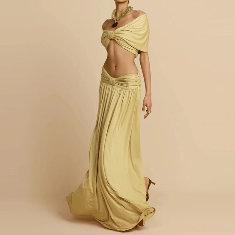Women Fashion Hight Waist Draped Solid Outfit Elegant Half Skirt 2Pc Suit Sexy Off Shoulder Sleeveless Crop Top & Long Skirt Set