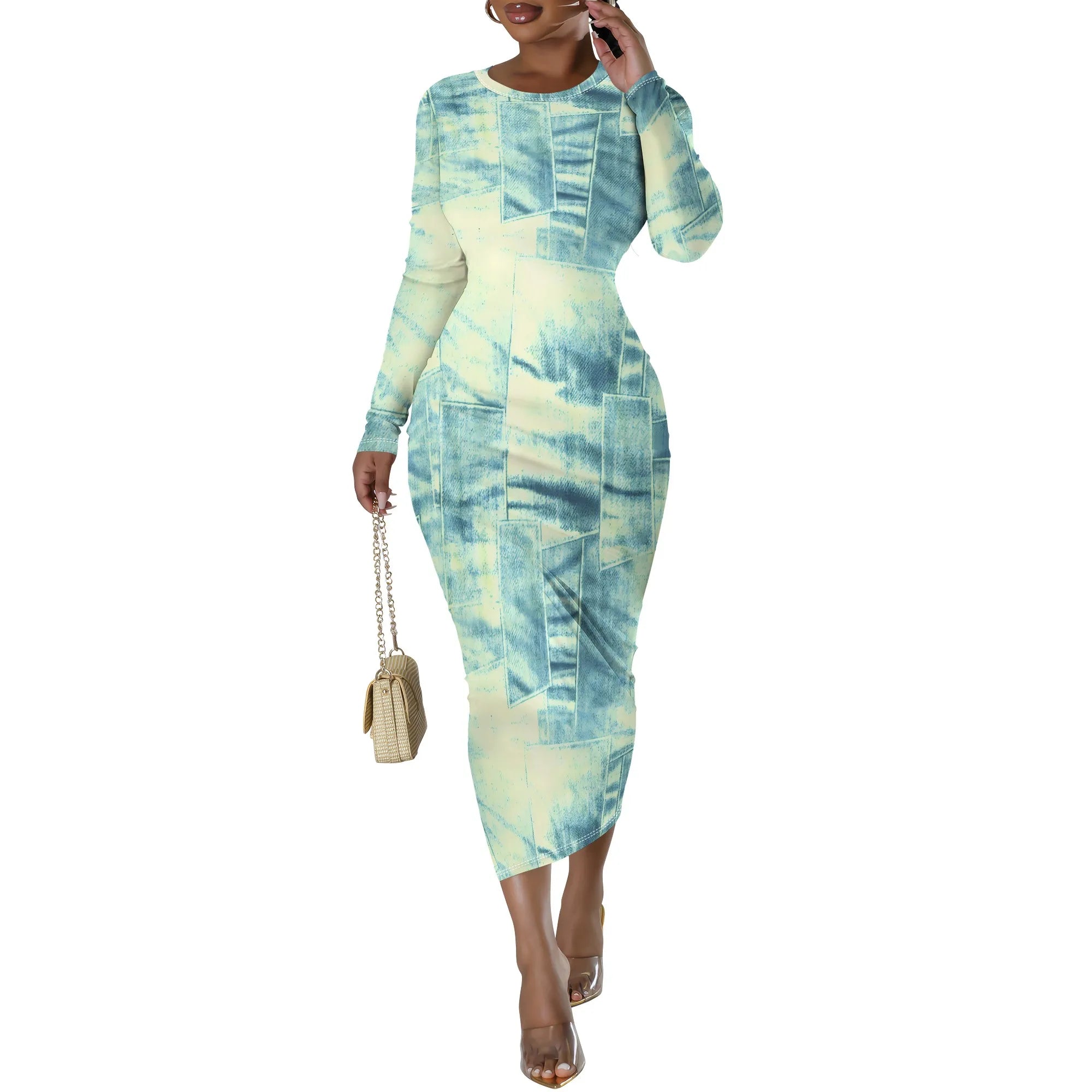 women's fashion temperament casual print slim black dress
