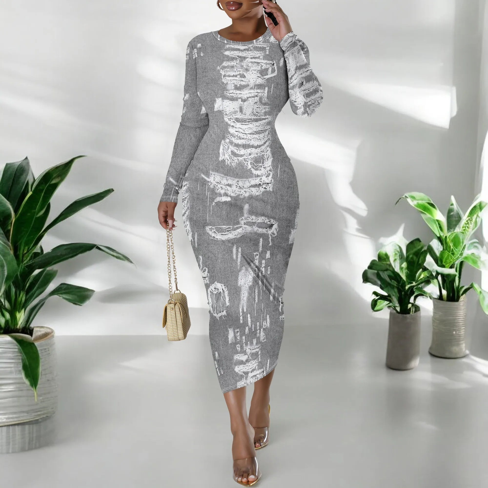 women's fashion temperament casual print slim black dress