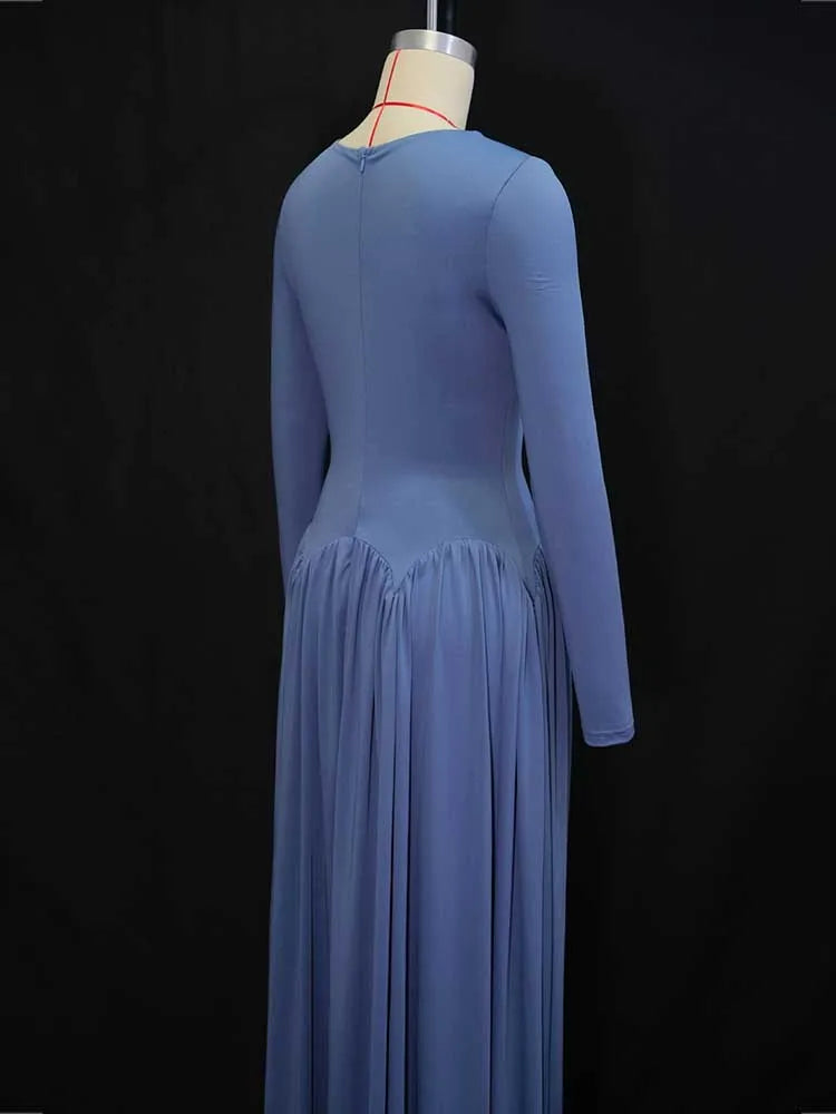 Woman Autumn Dresses Elegant High Waist Long Sleeve Dress Maxi Hollow Out Collar Chic Pleated Blue Colored Dresses