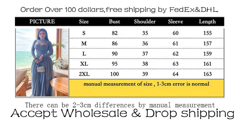 Woman Autumn Dresses Elegant High Waist Long Sleeve Dress Maxi Hollow Out Collar Chic Pleated Blue Colored Dresses