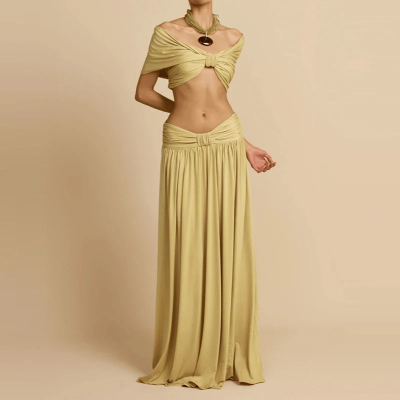 Women Fashion Hight Waist Draped Solid Outfit Elegant Half Skirt 2Pc Suit Sexy Off Shoulder Sleeveless Crop Top & Long Skirt Set