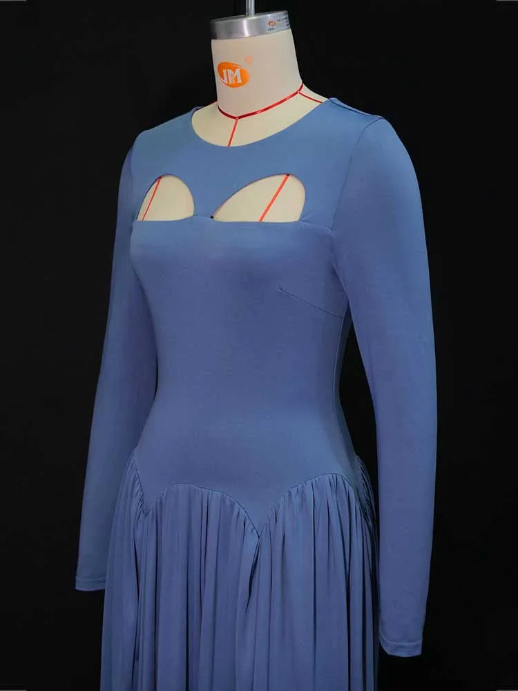 Woman Autumn Dresses Elegant High Waist Long Sleeve Dress Maxi Hollow Out Collar Chic Pleated Blue Colored Dresses