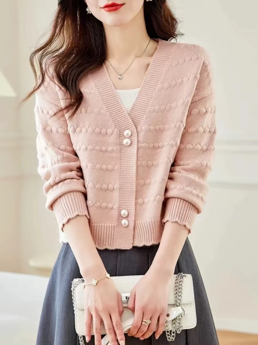 Women's Clothing Elegant Fashion V-neck Knit Cardigan Autumn Winter New Solid Sweet All-match Long Sleeve Top Lady Chic Sweaters