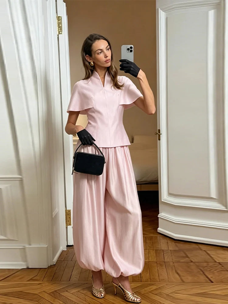 Fashion Women T-shirt Set Chic Stand Collar Short Sleeve V-neck Female Top Wide Leg Pant Jogger Lady Summer Commute 2026