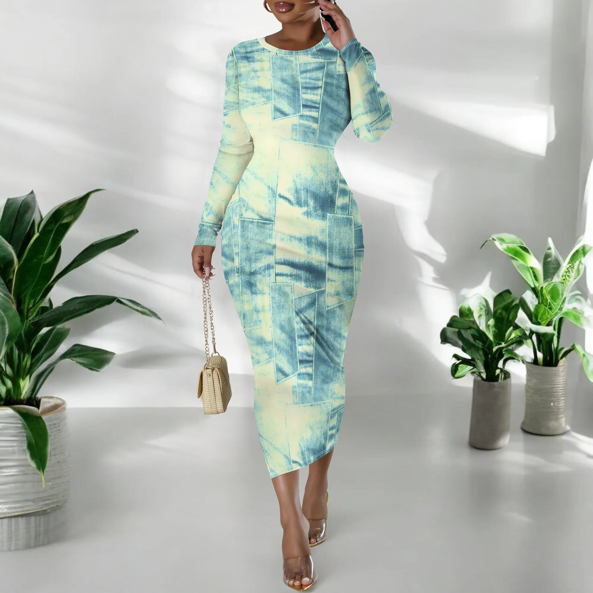women's fashion temperament casual print slim black dress